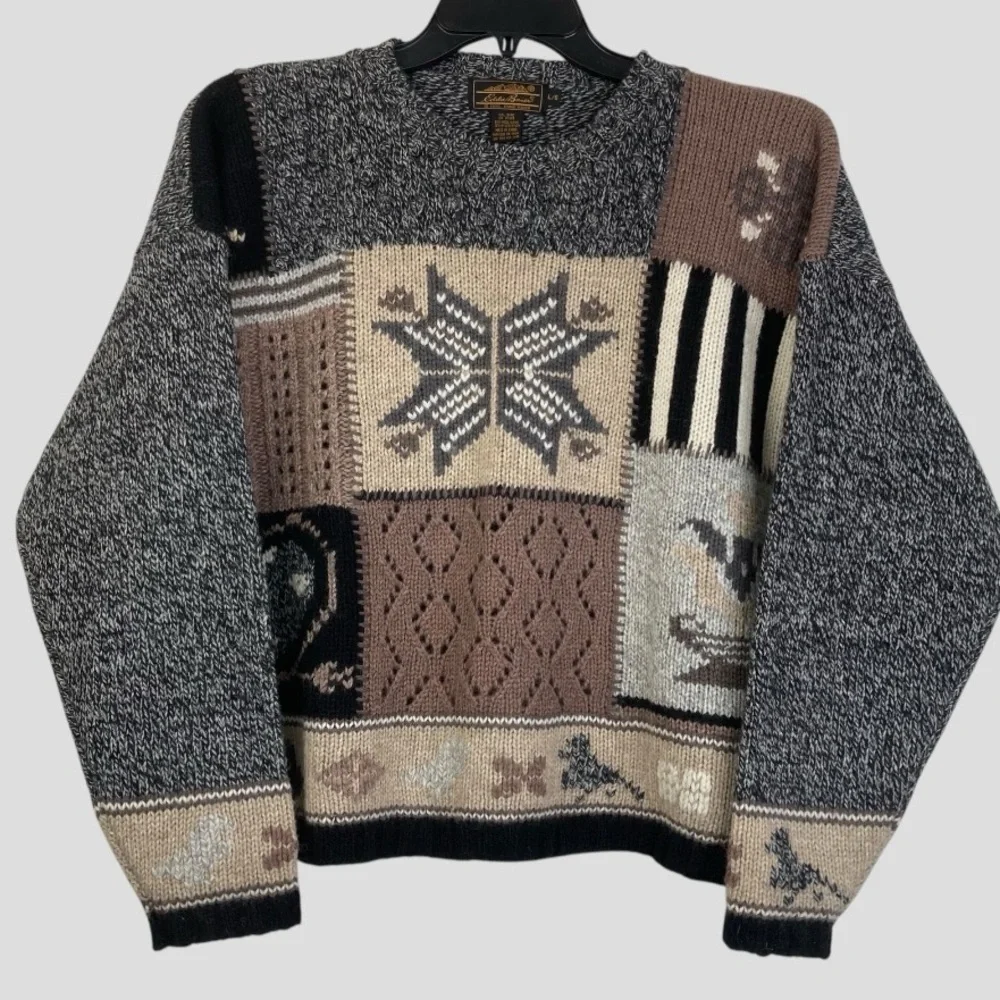 Vintage Eddie Bauer Patchwork Cable Crochet Knit Sweater Cozy Nordic Design Sz.L - Picture 12 of 12